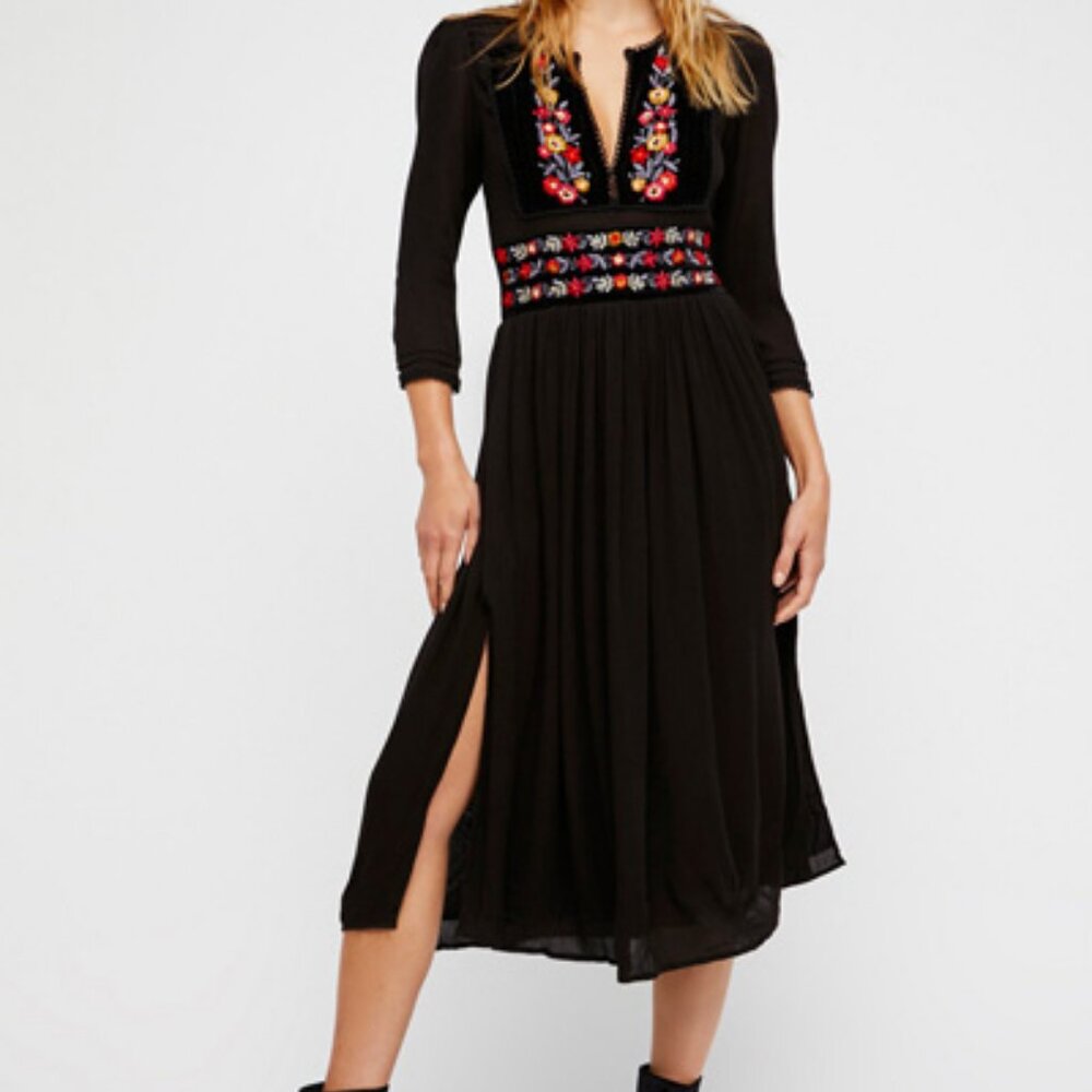 Free People Black Embroidered Bohemian 3/4 Sleeve Length Flora Midi Dress XS